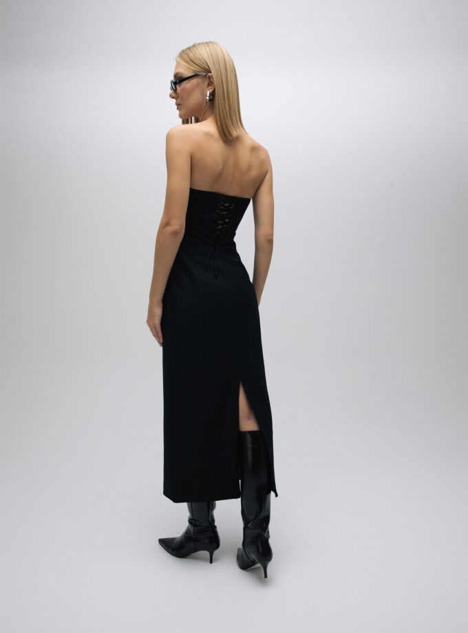 Lioara - Yırtmaç Detaylı Straplez Midi Elbise