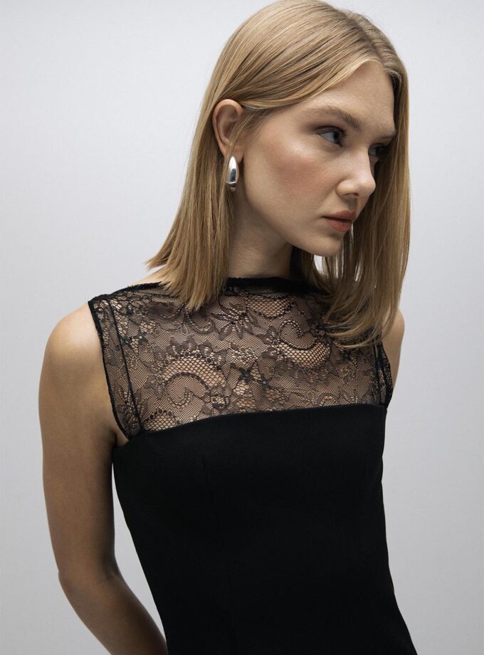 Coal - Dantel Yaka Detaylı Sırt Dekolteli Siyah Elbise