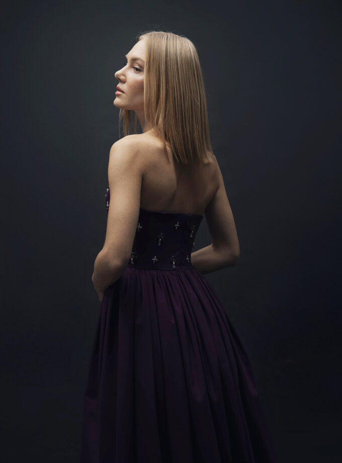 Viole - Mor Kristal Taş İşlemeli Uzun Elbise