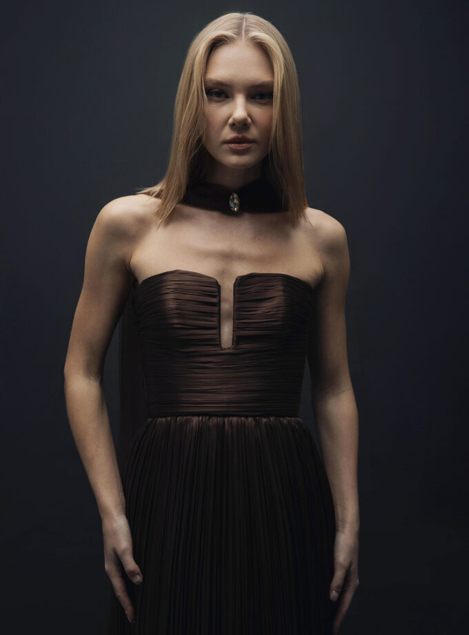 Bello - Kahverengi Drape Detaylı Uzun Elbise