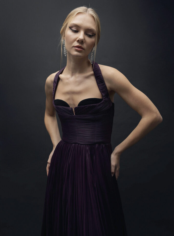 Tita - Mor Boyundan Bağlamalı Drape Detaylı Uzun Elbise