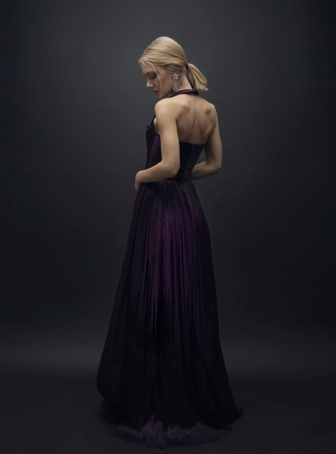 Tita - Mor Boyundan Bağlamalı Drape Detaylı Uzun Elbise