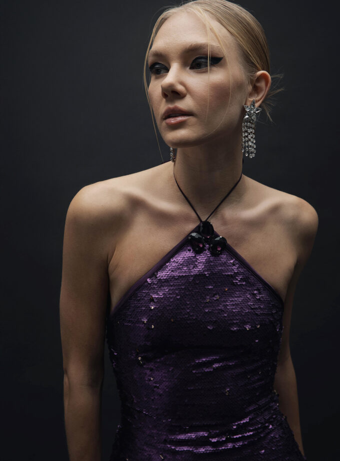 Nia - Çift Taraflı Payet Halter Yaka Taş Detaylı Elbise