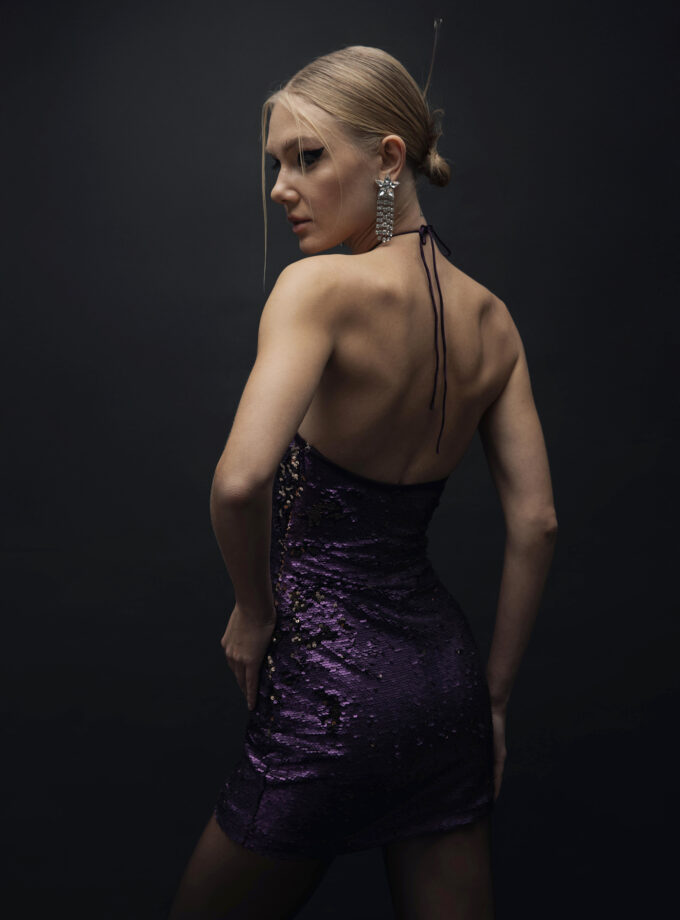 Nia - Çift Taraflı Payet Halter Yaka Taş Detaylı Elbise