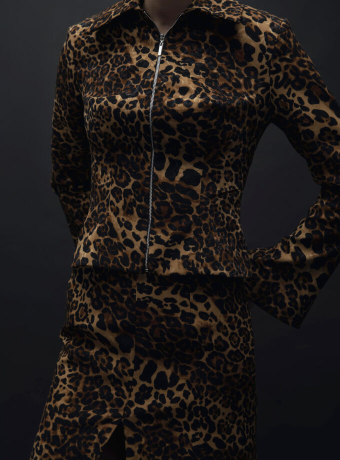 Feline Mirage - Fermuar Detaylı Bele Oturan Leopar Desenli Ceket