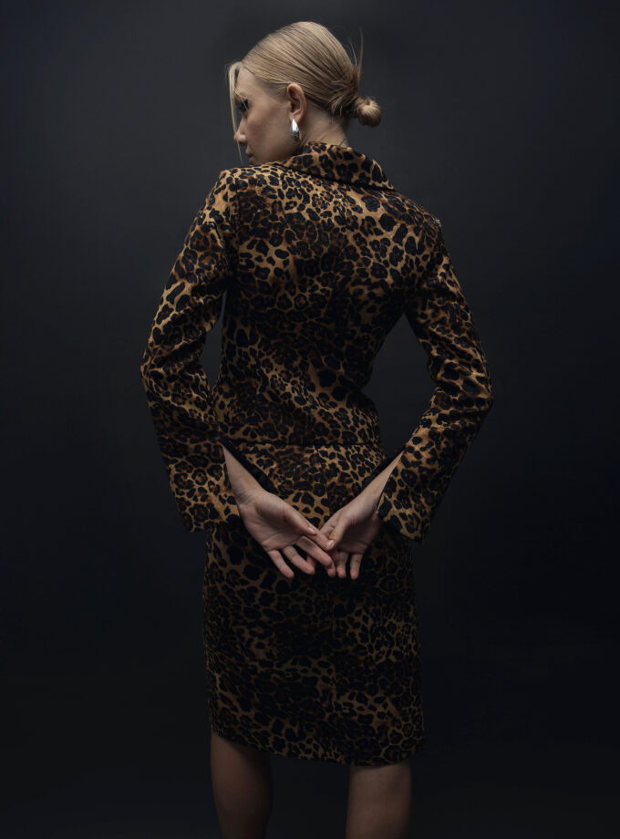 Feline Mirage - Fermuar Detaylı Bele Oturan Leopar Desenli Ceket