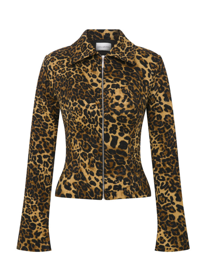 Feline Mirage - Fermuar Detaylı Bele Oturan Leopar Desenli Ceket