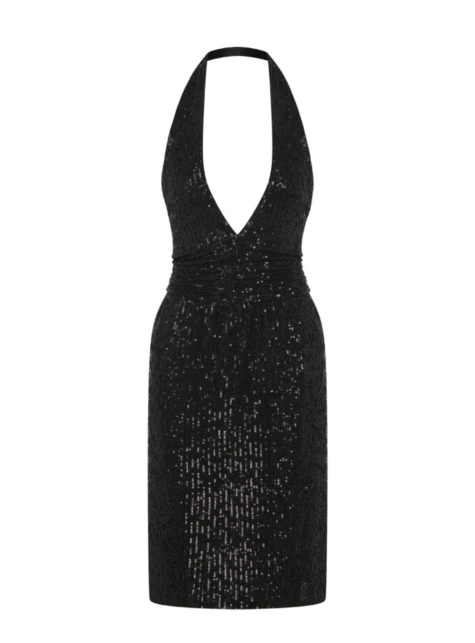 Moonlit - Boyundan Askılı Derin V Dekolteli İşlemeli Elbise