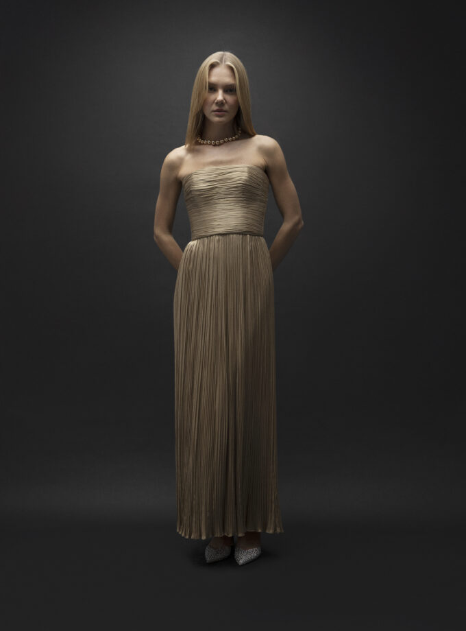 Tial - Gold Drape Detaylı Straplez Midi Elbise