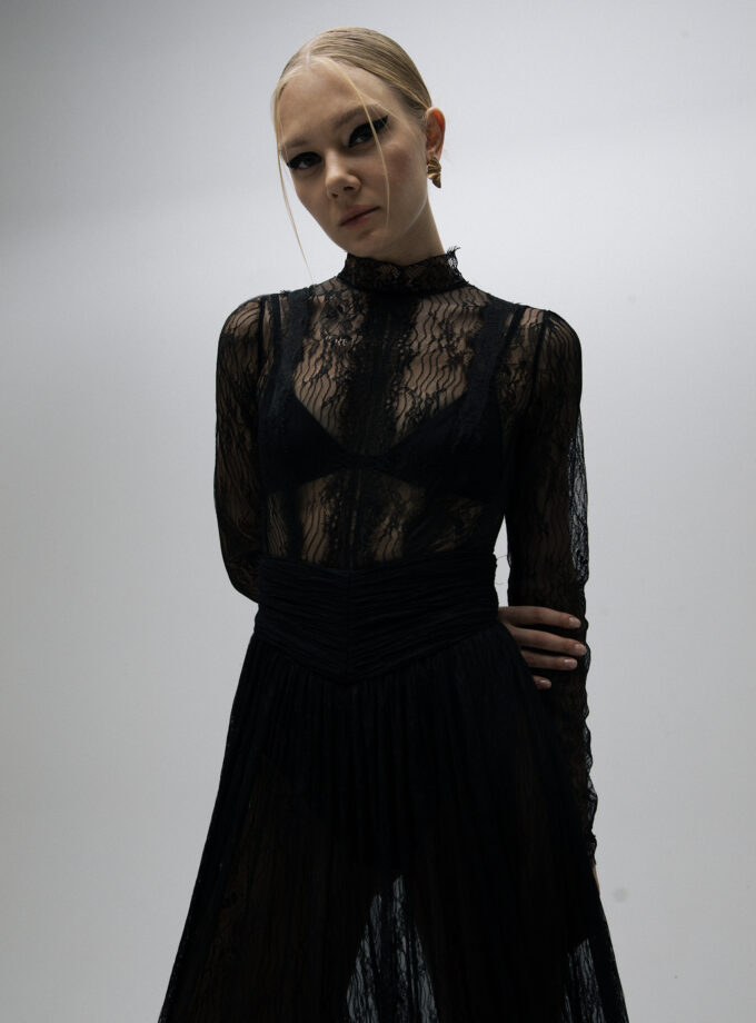 Dian - Dik Yaka Dantel Midi Elbise